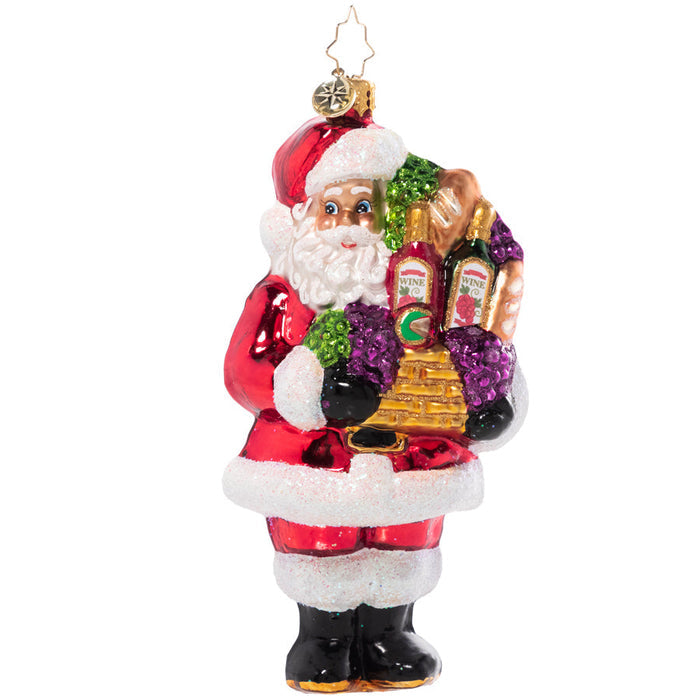 Front - Ornament Description - Wine Night Santa: Santa didn't forget the grownups on his good list this year – he comes bearing gifts of wine, cheese and baguettes. Cheers everybody!