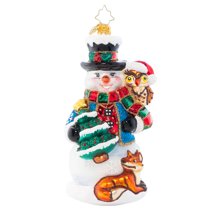 Front - Ornament Description - Woodland Friend Snowman: Sprinkled with fresh snow and surrounded by his best woodland friends, this snowman is bringing some holiday festivity to the wintry forest.